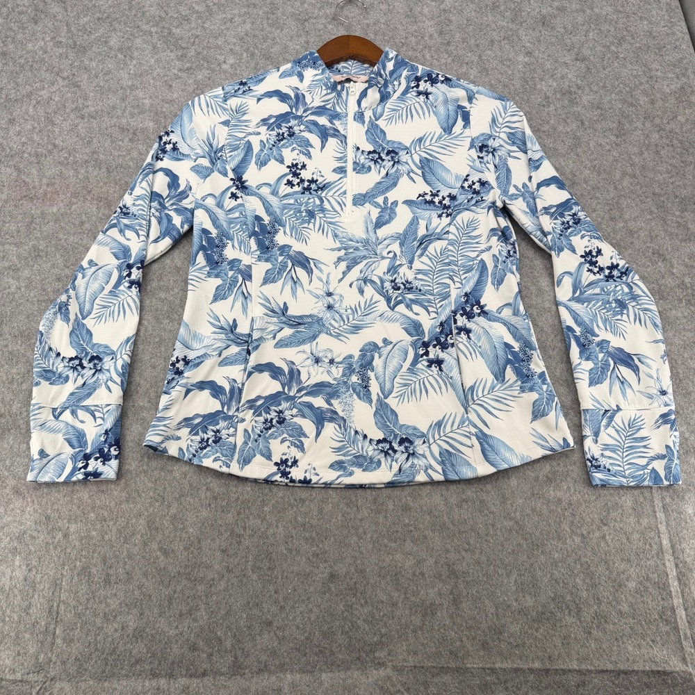 Tommy Bahama Golf Womens Blue White Tropical Floral 1/4 Zip Pullover Top L